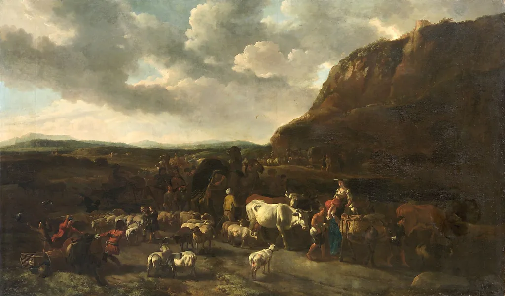 Landscape with Jacob and his family on the way to Canaan (Genesis 31:17-18), by Jan van Ossenbeeck, oil, 1659