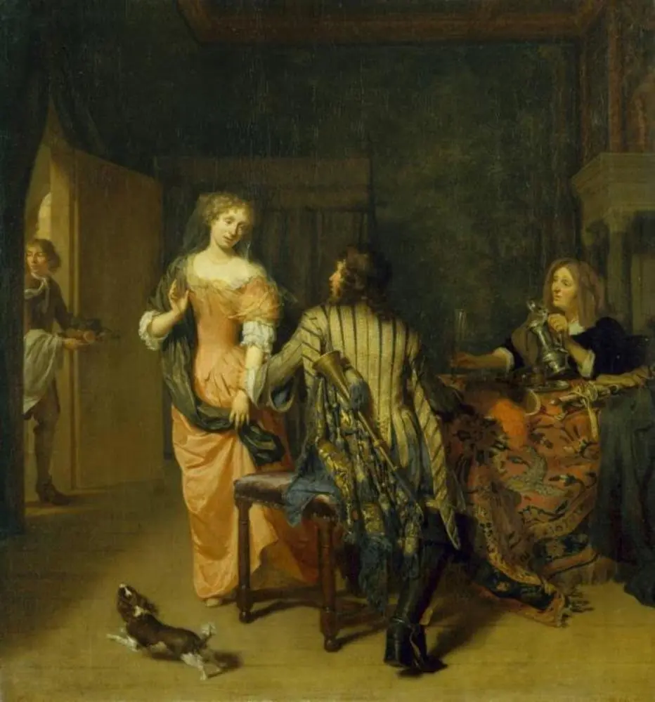 Elegant interior in which a soldier with a trumpet grabs a young woman by the arm, by Jan Verkolje
