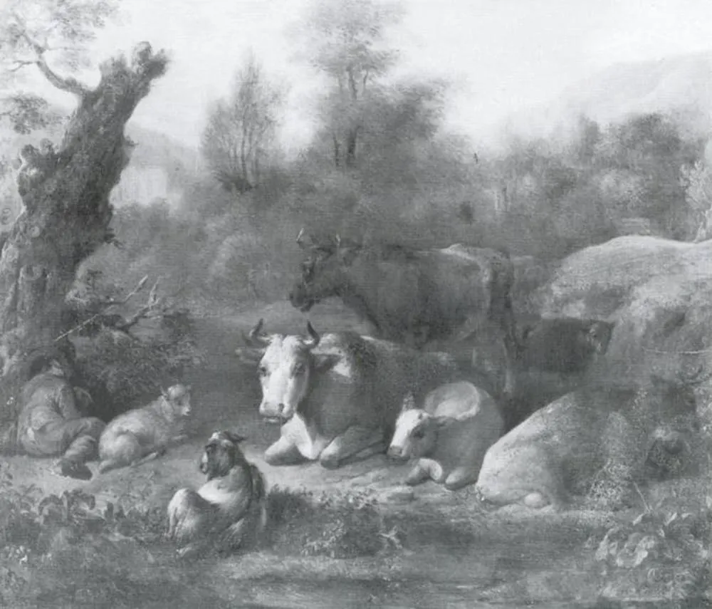 Cattle in a Landscape, by Jan Vermeer van Haarlem, oil, 1694