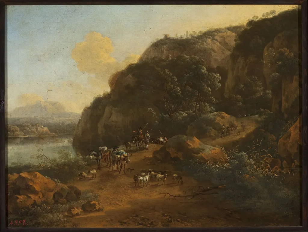 Mountain landscape with travellers, by Jan Vermeer van Haarlem, oil, 1689