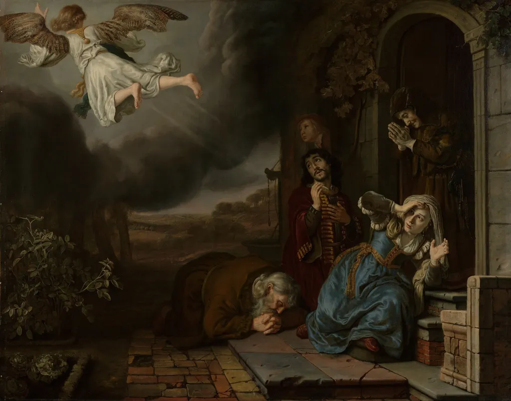 The Angel Taking Leave of Tobit and His Family, by Jan Victors, oil, 1649