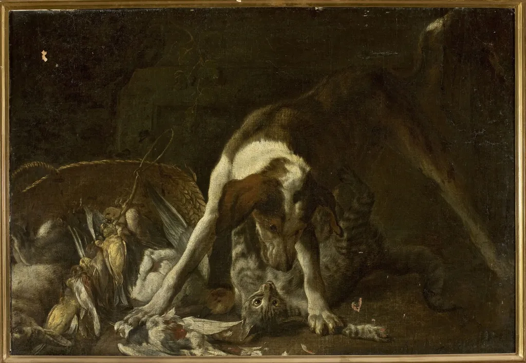 Dog attacking a cat, by Jan Vonck, oil, 1657