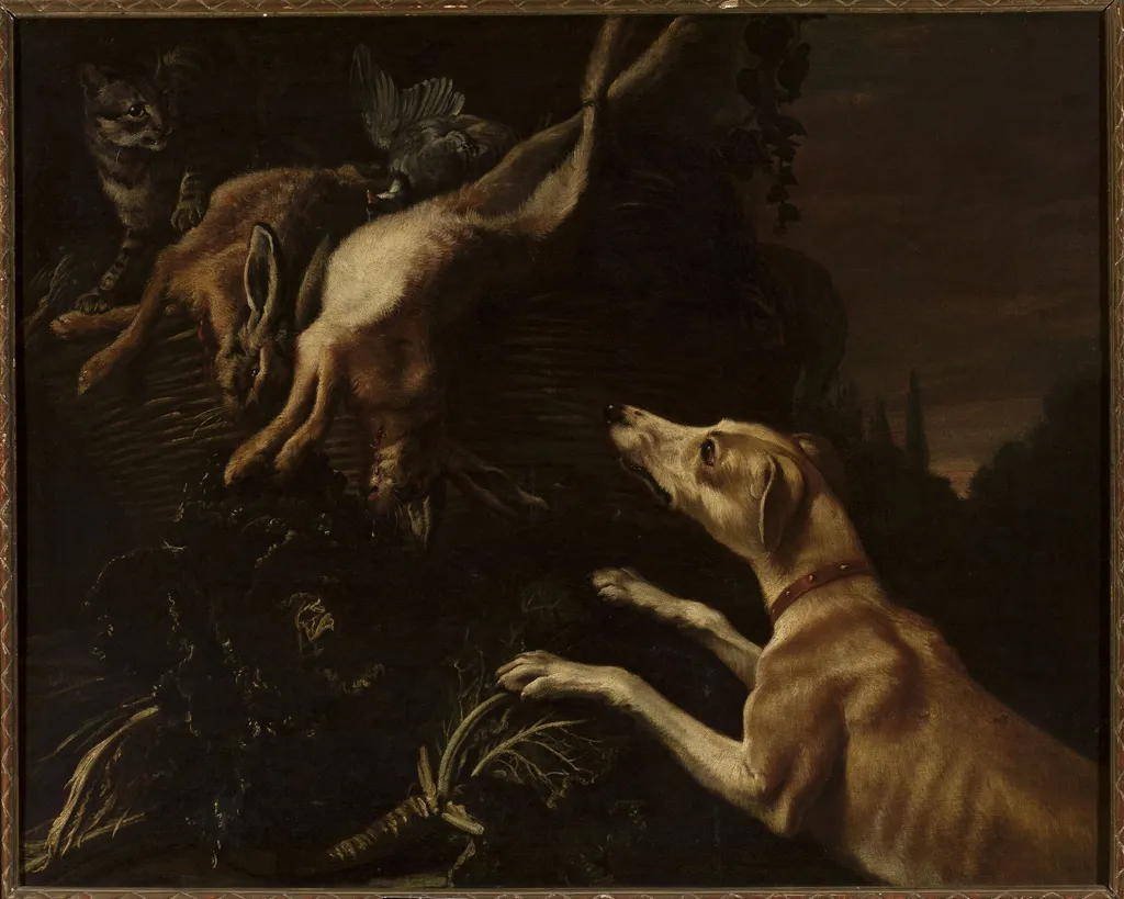 Dog attacking a cat, by Jan Vonck, oil, 1657