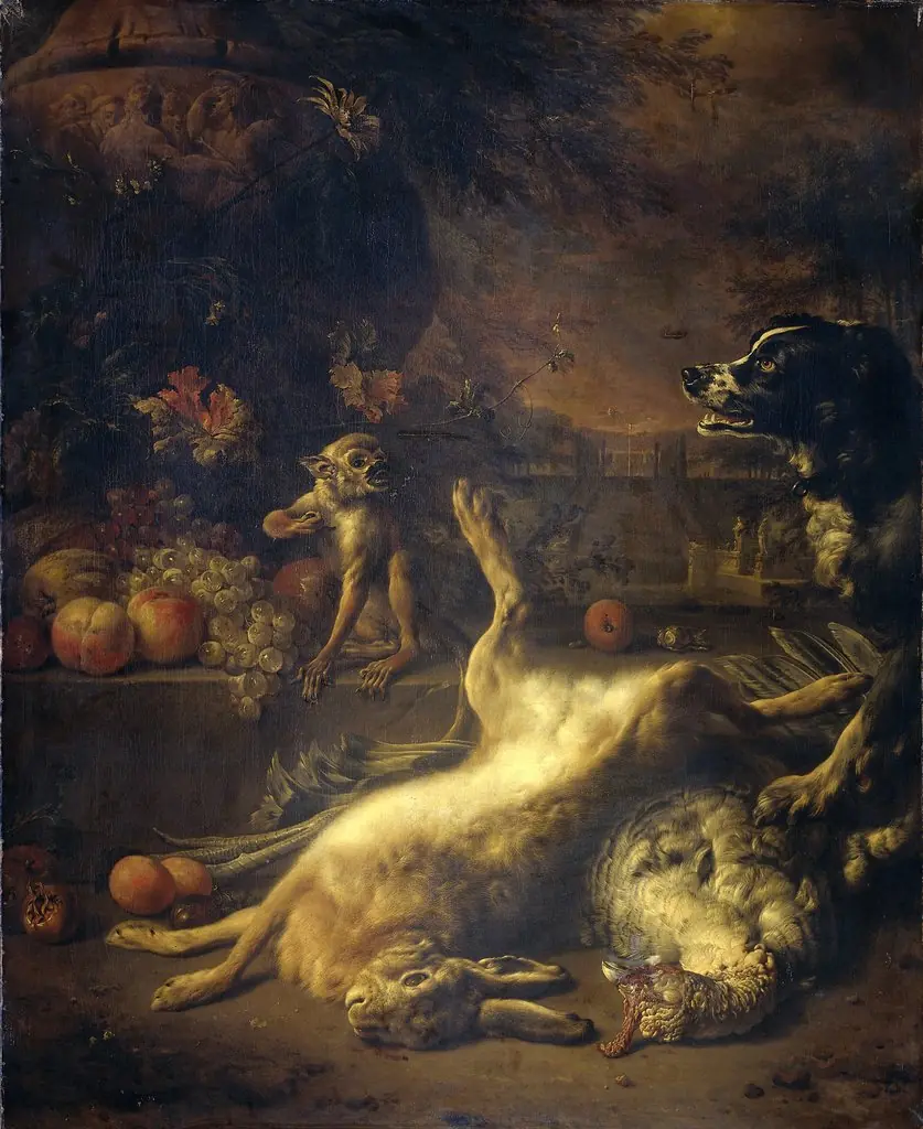 A monkey and a dog beside dead game and fruit, by Jan Weenix