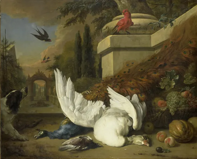 A monkey and a dog beside dead game and fruits, with the estate of Rijxdorp near Wassenaar in the background