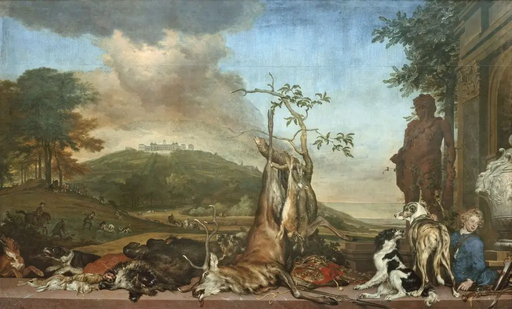 Hunting still life with a landscape and Bensberg Castle