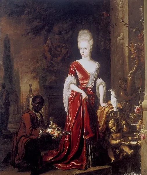 Portrait of Elisabeth Charlotte of the Palatine, duchess of Orléans (1652-1722), with a servant, by Jan Weenix, oil, 1696