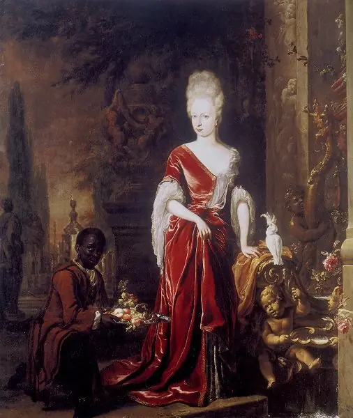 Portrait of Elisabeth Charlotte of the Palatine, duchess of Orléans (1652-1722), with a servant, by Jan Weenix
