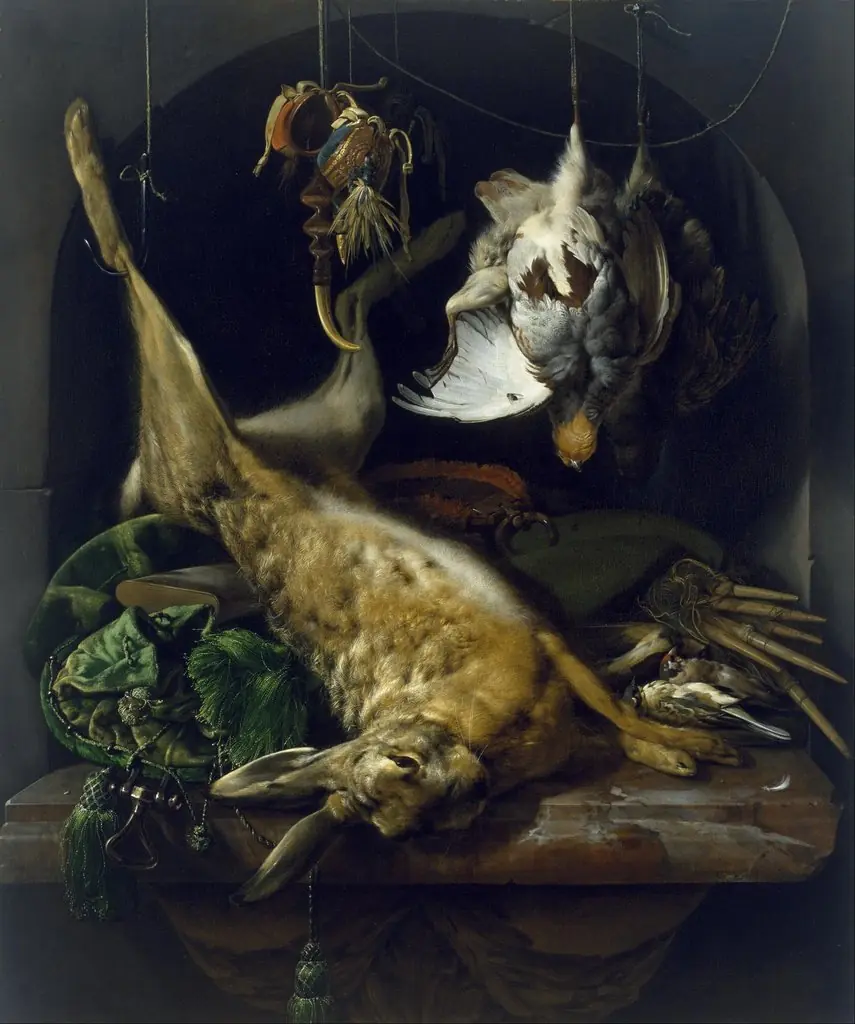Still Life of a Dead Hare, Partridges, and Other Birds in a Niche, by Jan Weenix