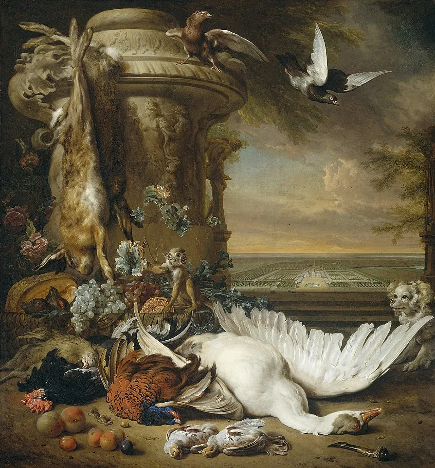 Still Life with Dead Game and Fruit beside a Garden Vase, with a Monkey, a Dog and Two Pigeons; in the Background Rijksdorp near Wassenaar, the Estate of Jonkheer Jacob Emmery, Baron of Wassenaar, by Jan Weenix, oil, 1714
