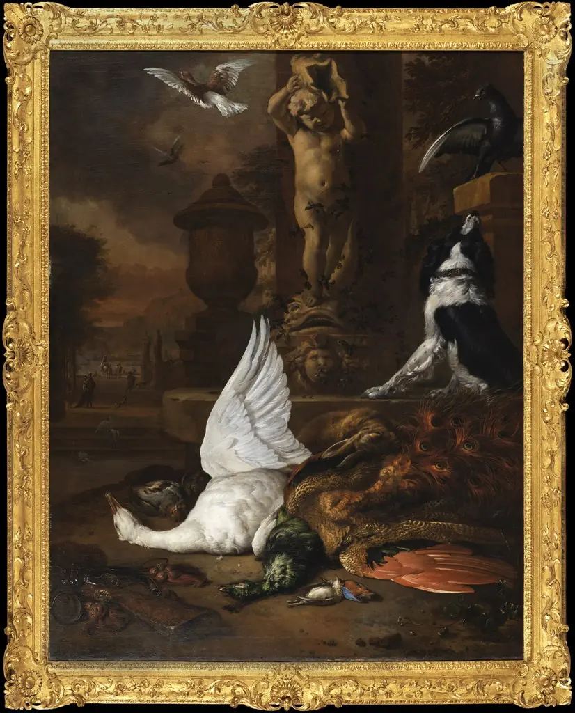 Stilleben med död svan, en påfågel och en hund vid en trädgårdsfontän, by Jan Weenix