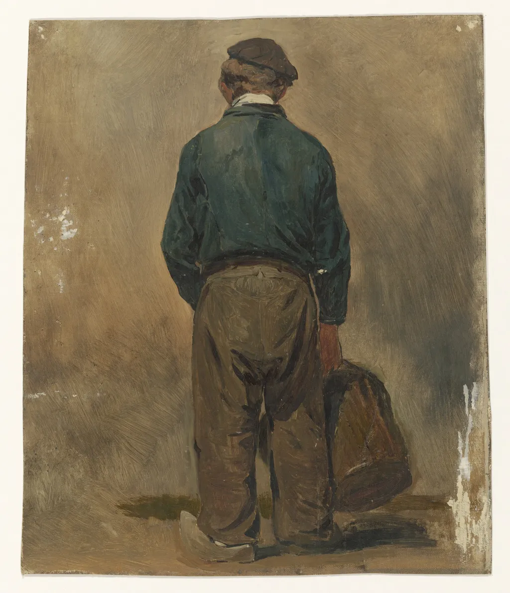 Visser met een mand, van achteren gezien, by Jan Weissenbruch, oil, 1850