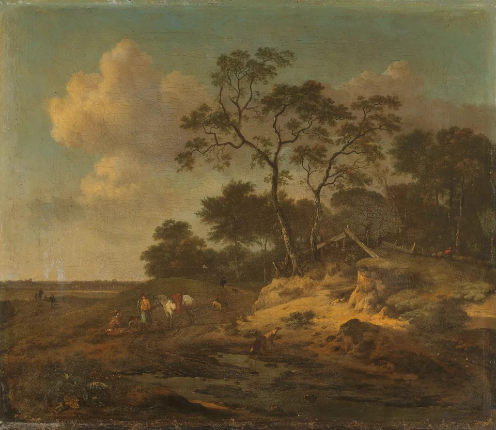 Dune landscape with resting hunters, by Jan Wijnants, oil, 1669