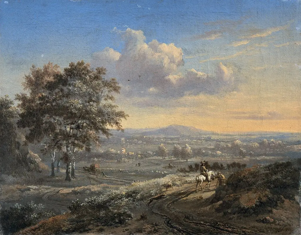 Hilly landscape with a rider on a country road, by Jan Wijnants