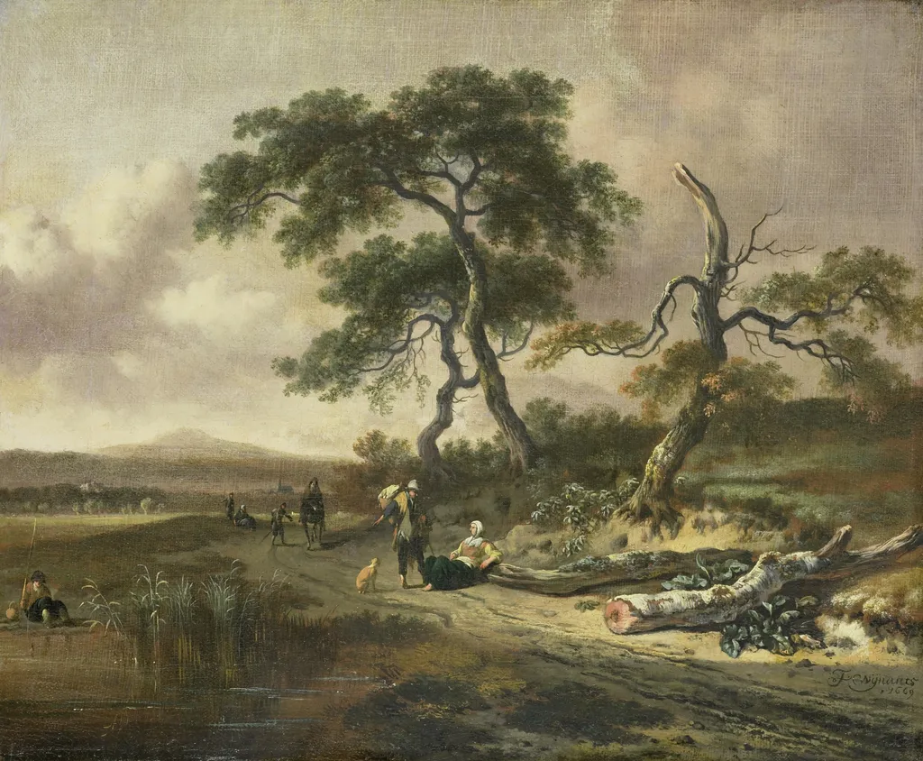 Landscape with a Peddler and Woman Resting, by Jan Wijnants, oil, 1669
