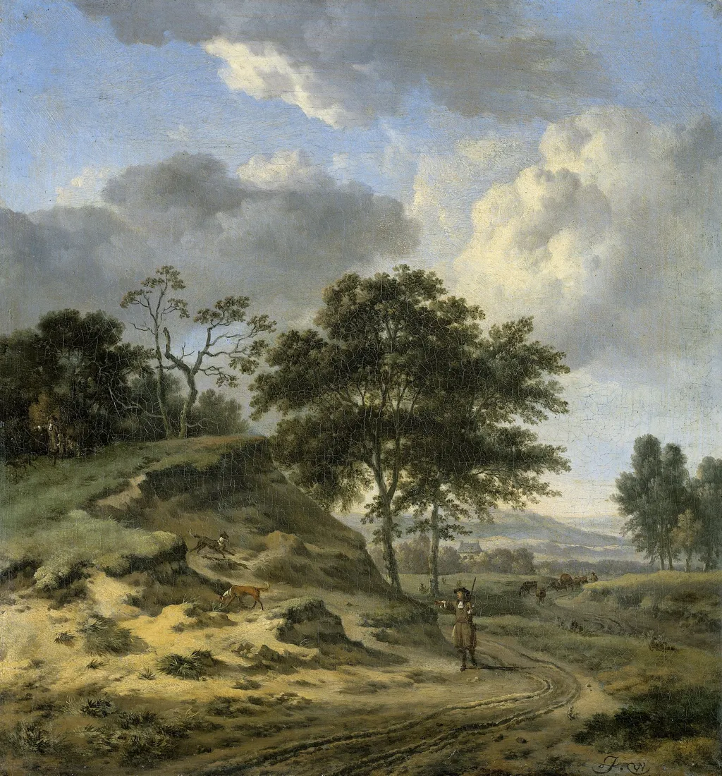 Landscape with two Hunters, by Jan Wijnants, oil, 1669
