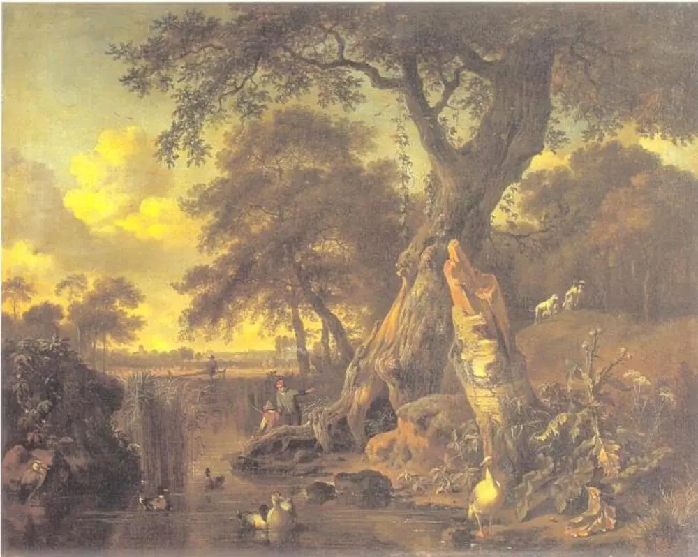 River Landscape with Fisherman and Hunter, 1671, by Jan Wijnants