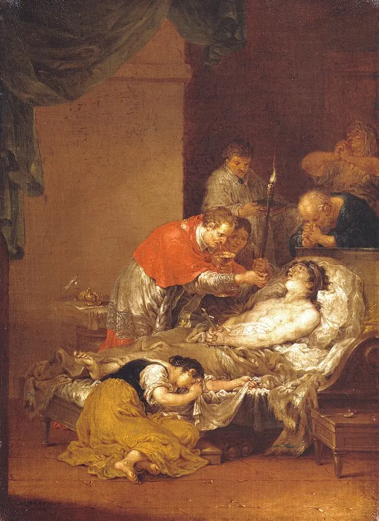 Saint Borromeo hands Supper to a person suffering from the plague, by Januarius Zick