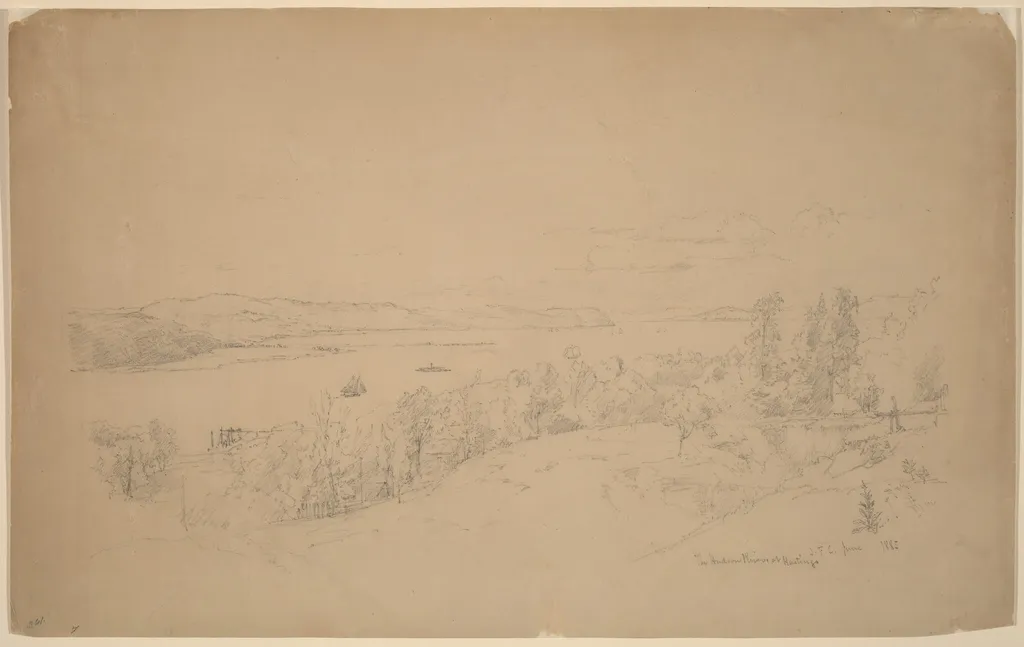 The Hudson River at Hastings, by Jasper Francis Cropsey, graphite, 1885