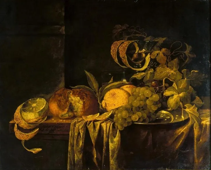Still life with fruit, bread, and glassware, by Jasper Geeraards, oil, 1625