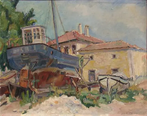Peisaj cu șalupă și case, by Jean Alexandru Steriadi