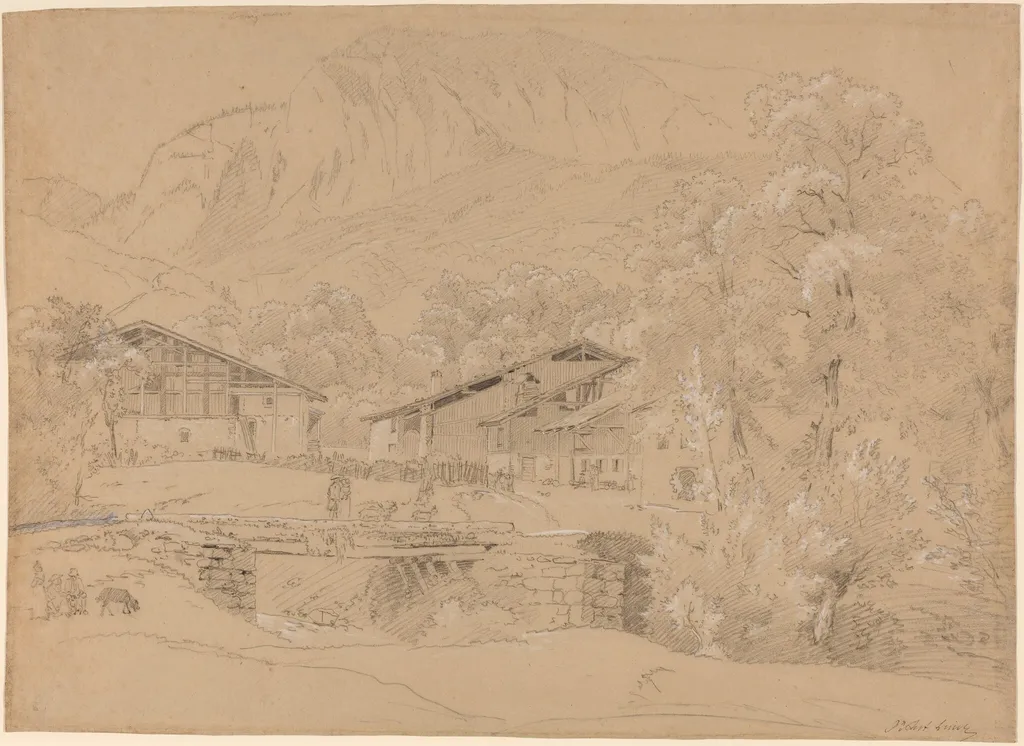 An Alpine Village in Summertime, by Jean Antoine Linck, chalk, 1804
