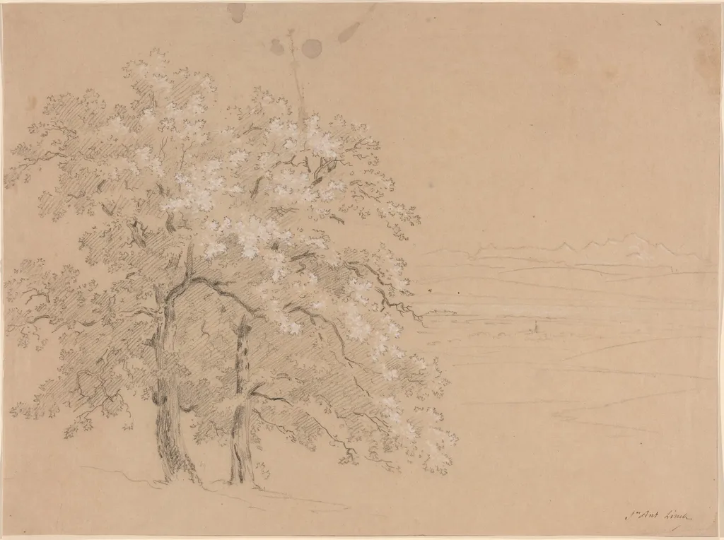 Sunlit Trees Before a Panoramic Landscape, by Jean Antoine Linck, chalk, 1814