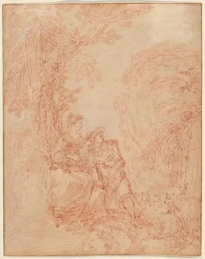 A Shepherd and Shepherdess Seated under a Tree, by Jean Antoine Watteau