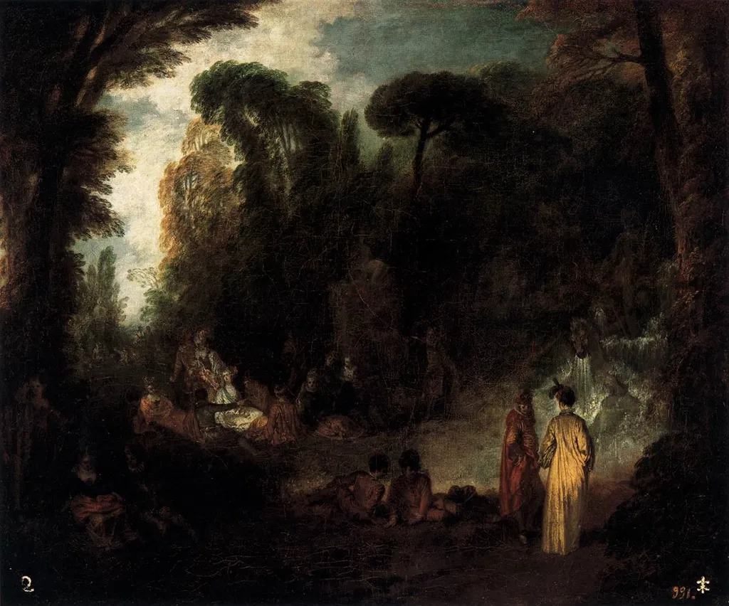 Fête in a Park, by Jean Antoine Watteau, oil, 1712
