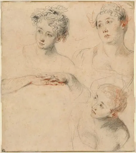 Three Studies of a Woman's Head and a Study of Hands [recto], by Jean Antoine Watteau