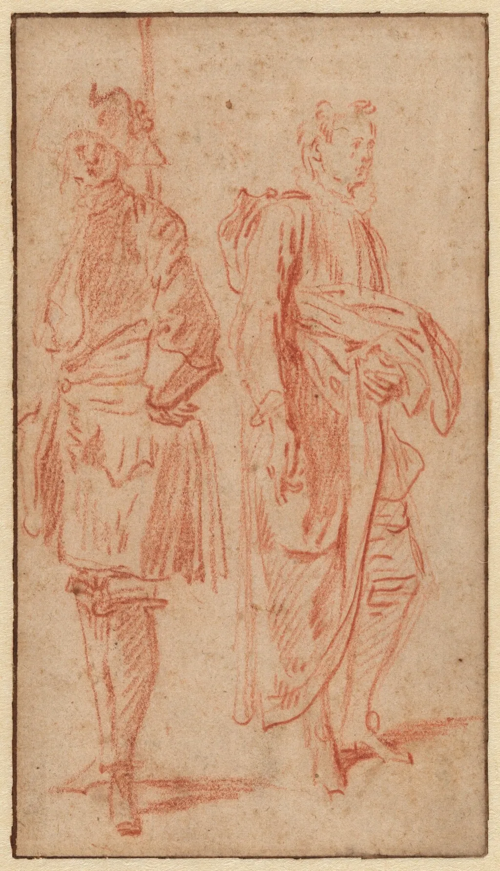 Two Standing Soldiers, One Wearing a Hat, by Jean Antoine Watteau, chalk, 1710