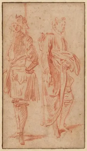 Two Standing Soldiers, One Wearing a Hat, by Jean Antoine Watteau
