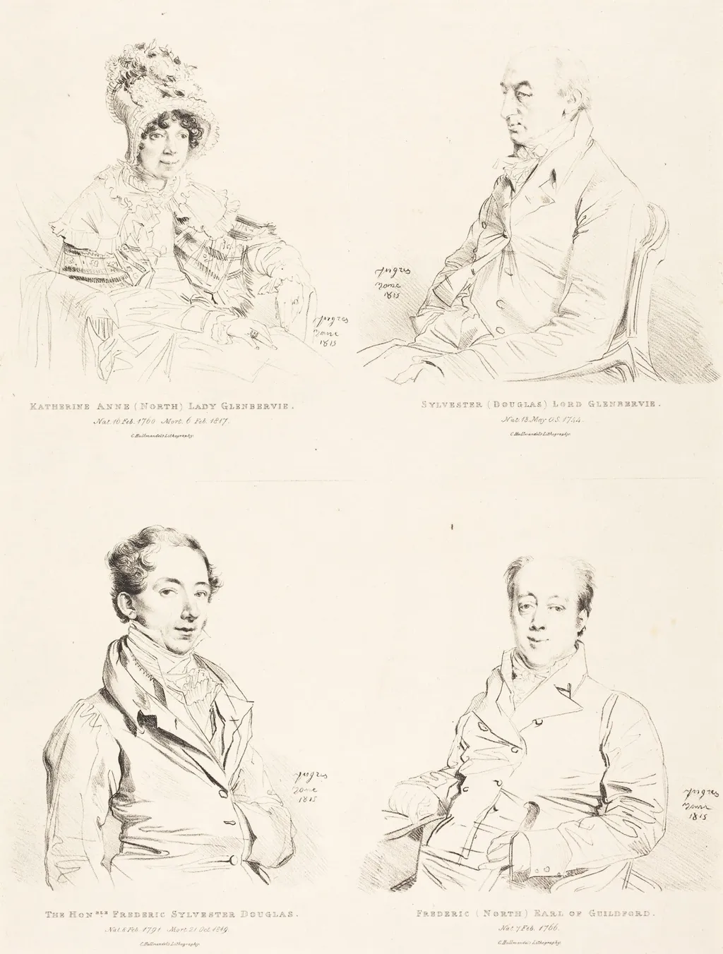 Sylvester (Douglas) Lord Glenbervie; Katherine Anne (North) Glenbervie; Frederic (North) Earl of Guilford; Frederic Sylvester Douglas, by Jean Auguste Dominique Ingres, ink, 1815