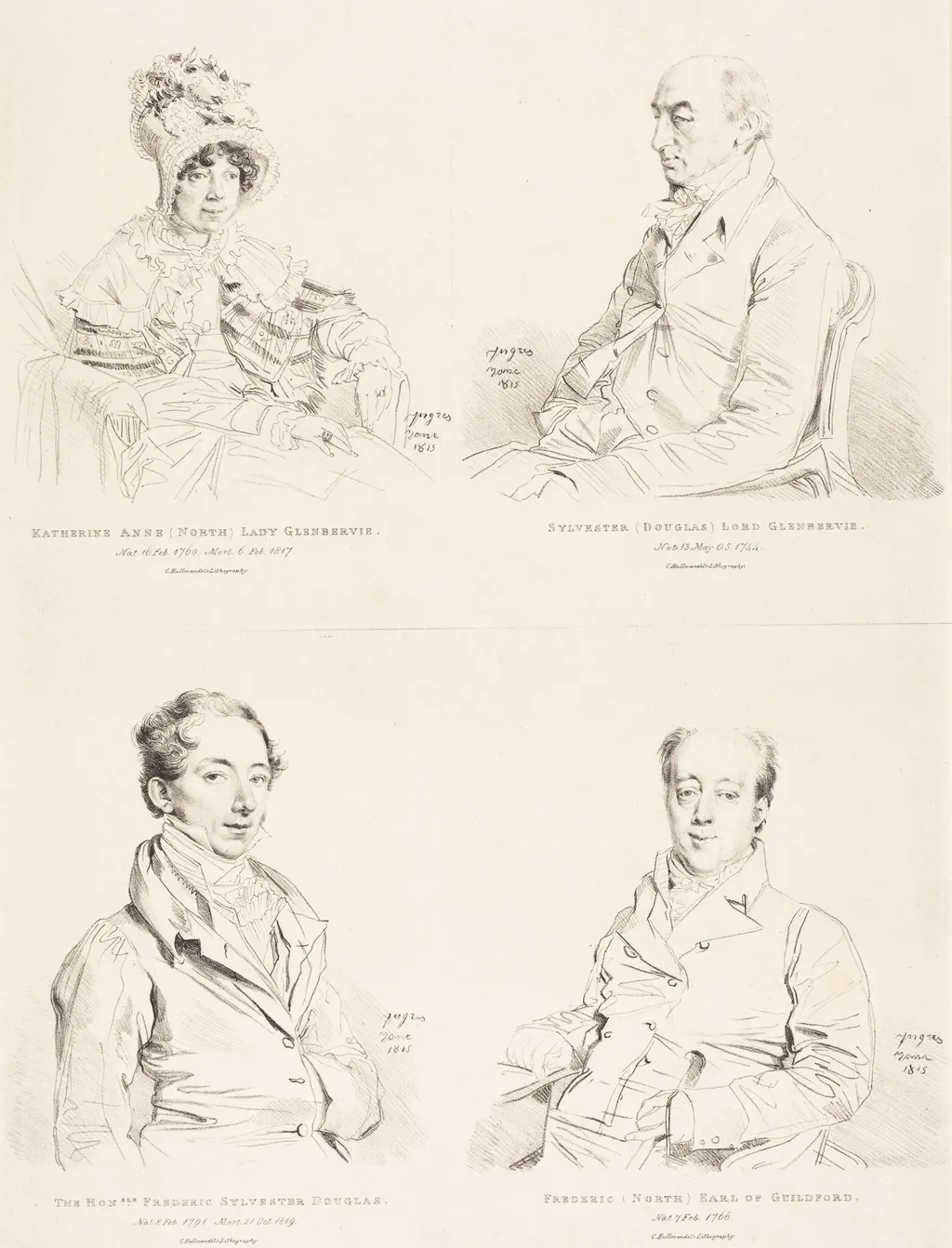Sylvester (Douglas) Lord Glenbervie; Katherine Anne (North) Glenbervie; Frederic (North) Earl of Guilford; Frederic Sylvester Douglas, by Jean Auguste Dominique Ingres, ink, 1815