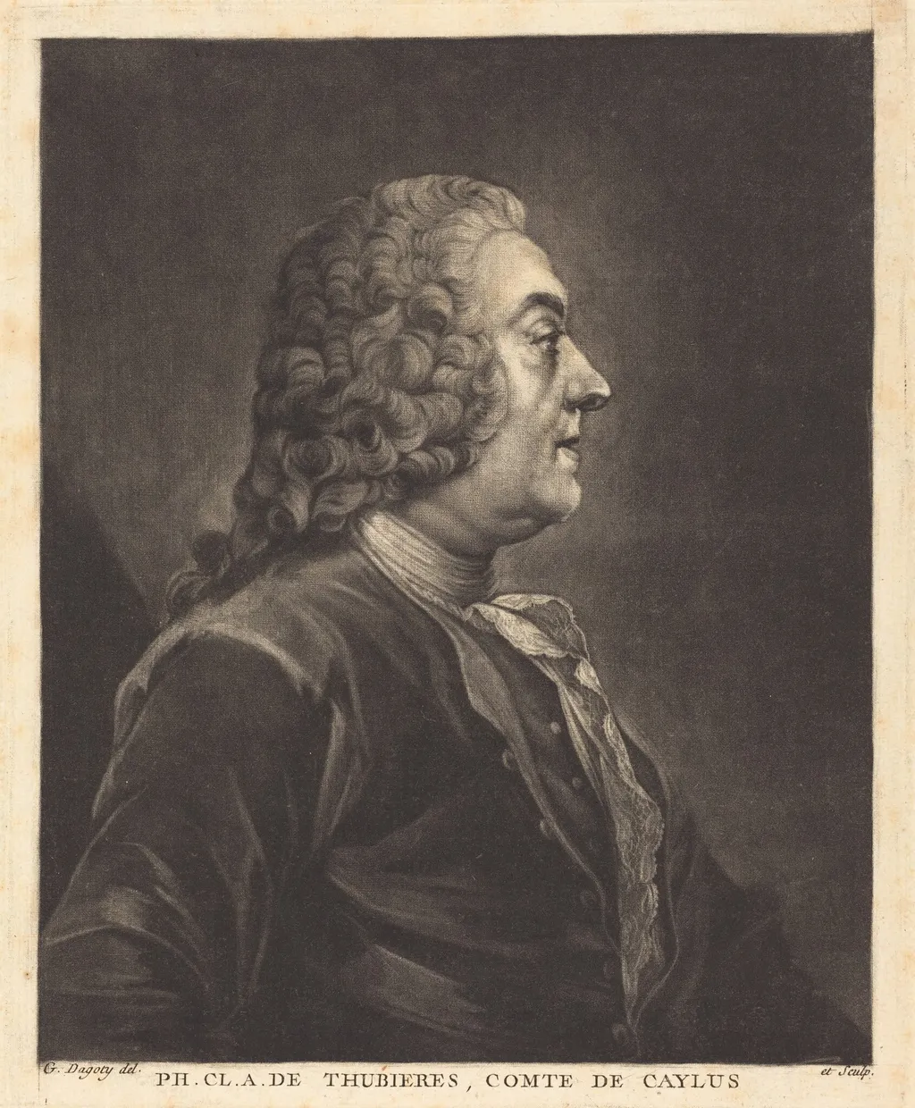 Ph. Cl. A. de Thubières, Comte de Caylus, by Jean-Baptiste André Gautier-Dagoty, ink, 1770