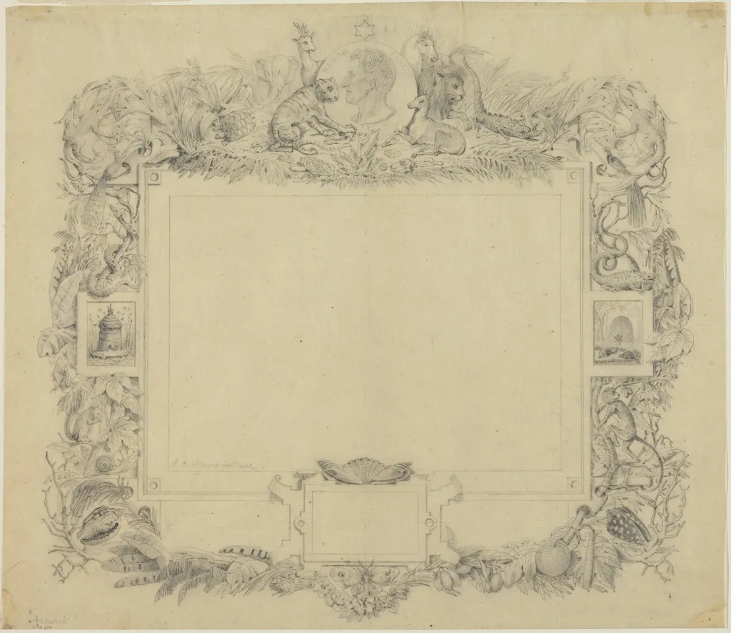 Design for a Border with a Portrait of Baron Cuvier, by Jean-Baptiste Arnout, graphite, 1826