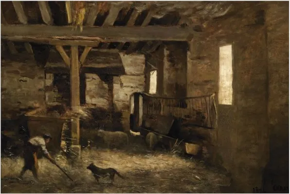An Interior of a Barn, by Jean Baptiste Camille Corot, oil, 1874