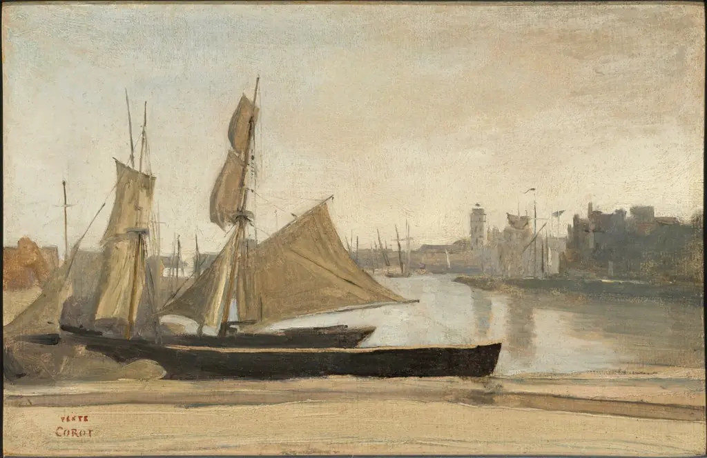 Dunkerque, Fishing Boats tied to the Wharf, by Jean Baptiste Camille Corot