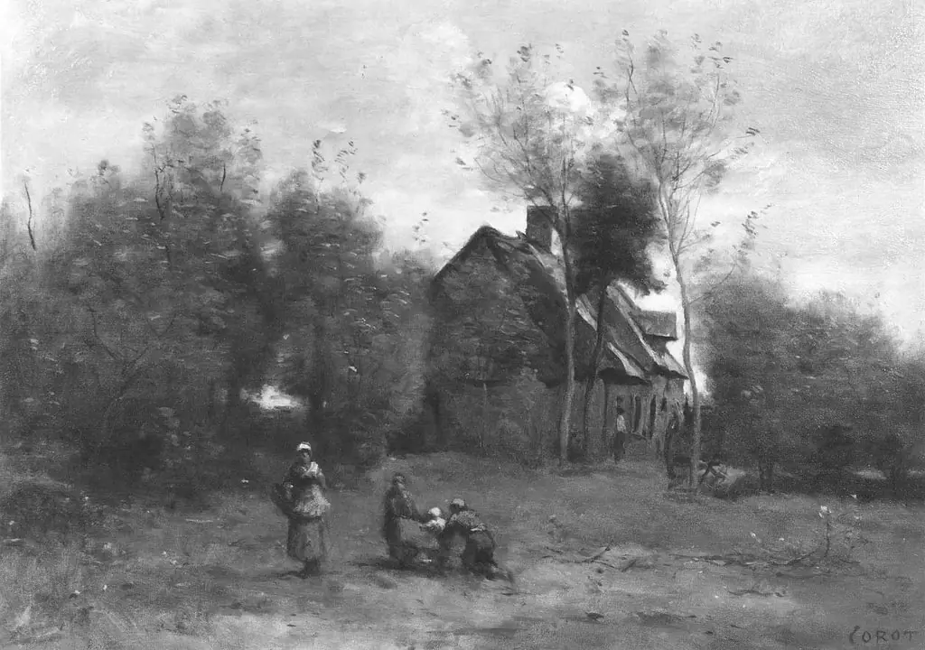 Farmyard at Sin, near Douai, with Children at Play, by Jean Baptiste Camille Corot
