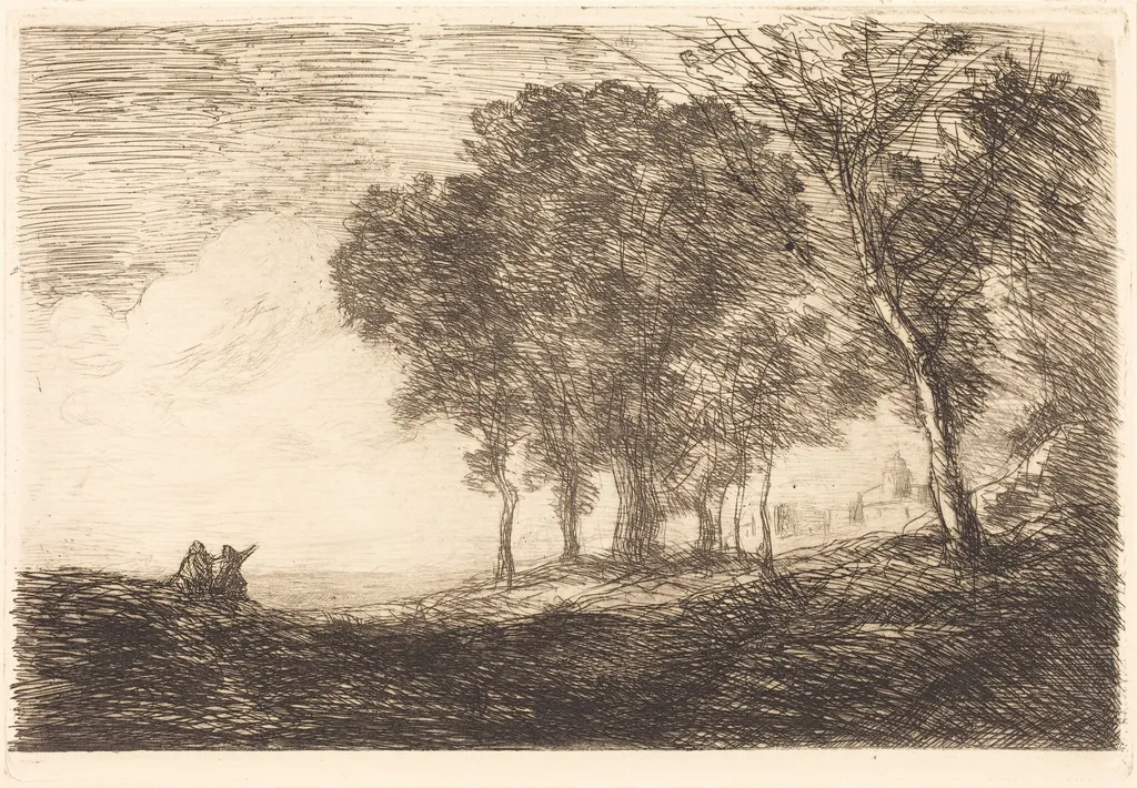 Italian Landscape, by Jean Baptiste Camille Corot, ink, 1865