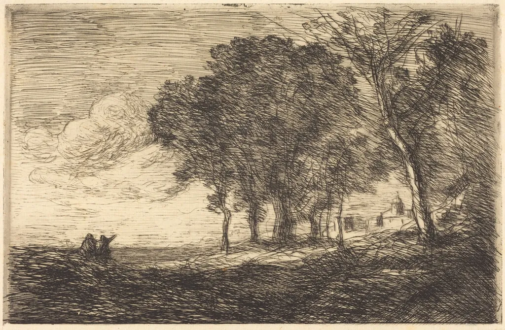 Italian Landscape (Paysage d'Italie), by Jean Baptiste Camille Corot, ink, 1865