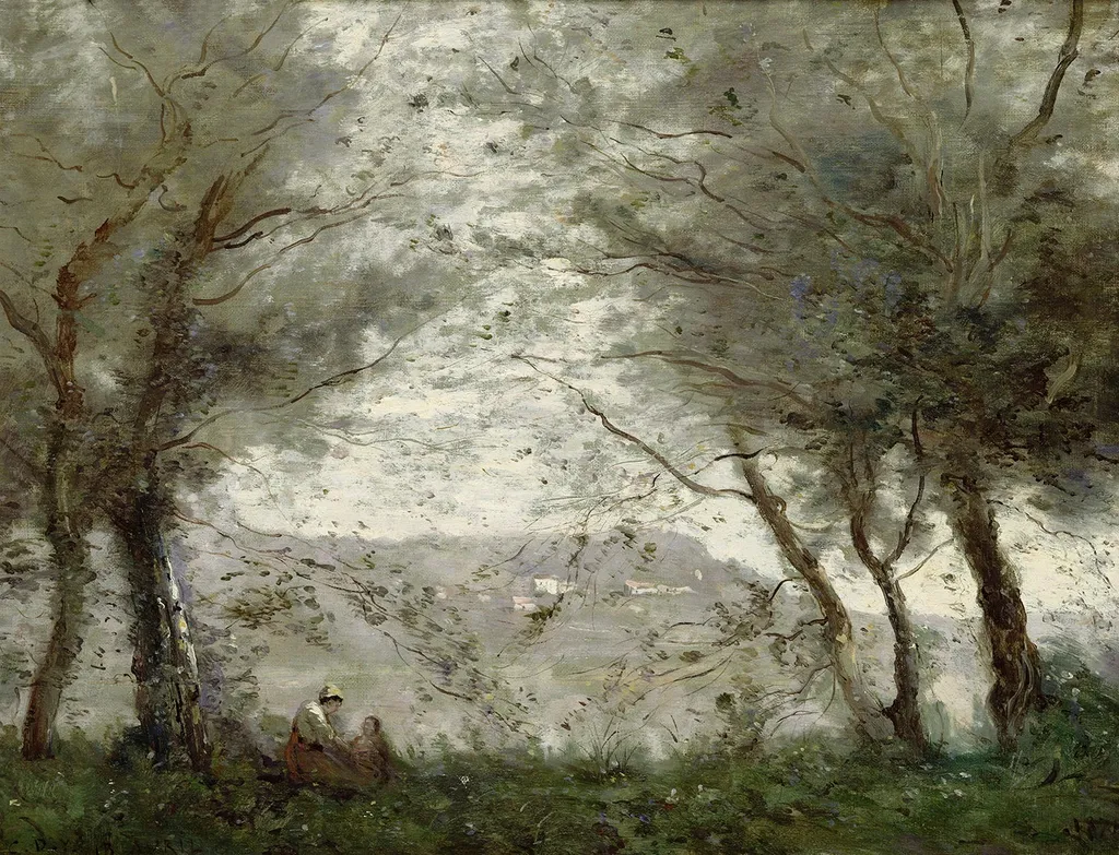L'Étang de Ville-d'Avray vu à travers les feuillages, by Jean Baptiste Camille Corot, oil, 1871