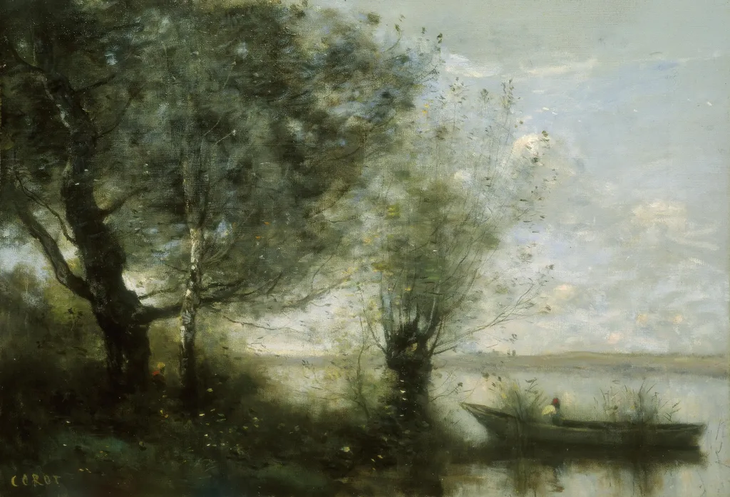 Landscape with a Boat, by Jean Baptiste Camille Corot, oil, 1862