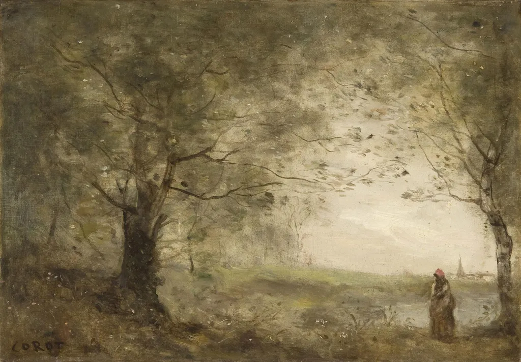 Landscape with a Distant Village Spire, by Jean Baptiste Camille Corot, oil, 1845