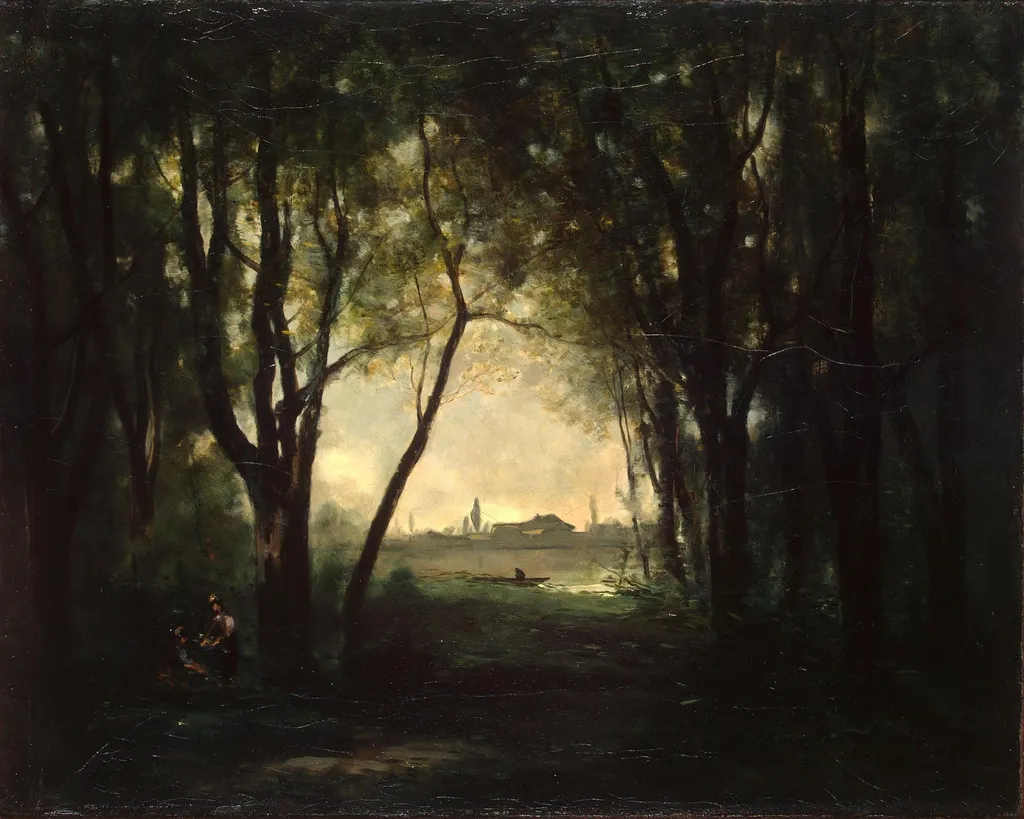 Landscape with a Lake, by Jean Baptiste Camille Corot, oil, 1870
