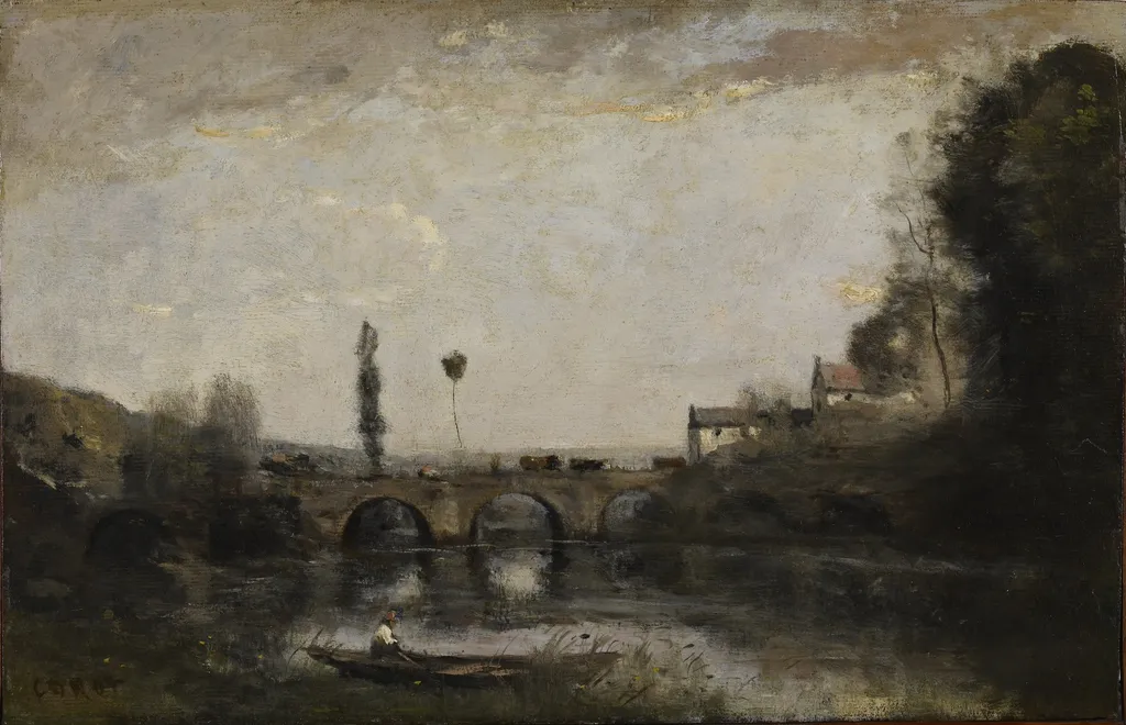Landscape with Bridge, by Jean Baptiste Camille Corot, oil, 1865