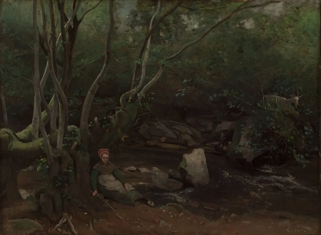 Lormes: Goat-Girl Sitting Beside a Stream in a Forest, by Jean Baptiste Camille Corot