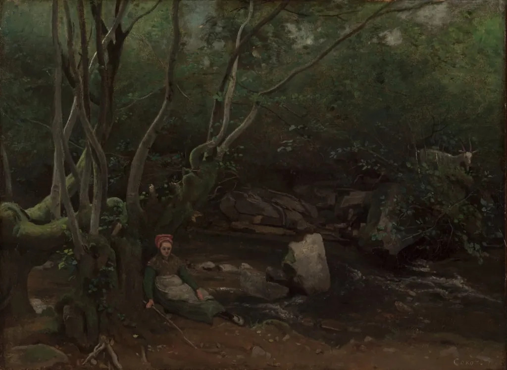Lormes: Goat-Girl Sitting Beside a Stream in a Forest, by Jean Baptiste Camille Corot, unspecified, 1842