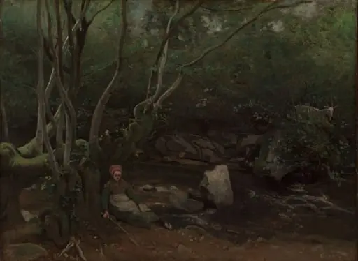Lormes: Goat-Girl Sitting Beside a Stream in a Forest, by Jean Baptiste Camille Corot