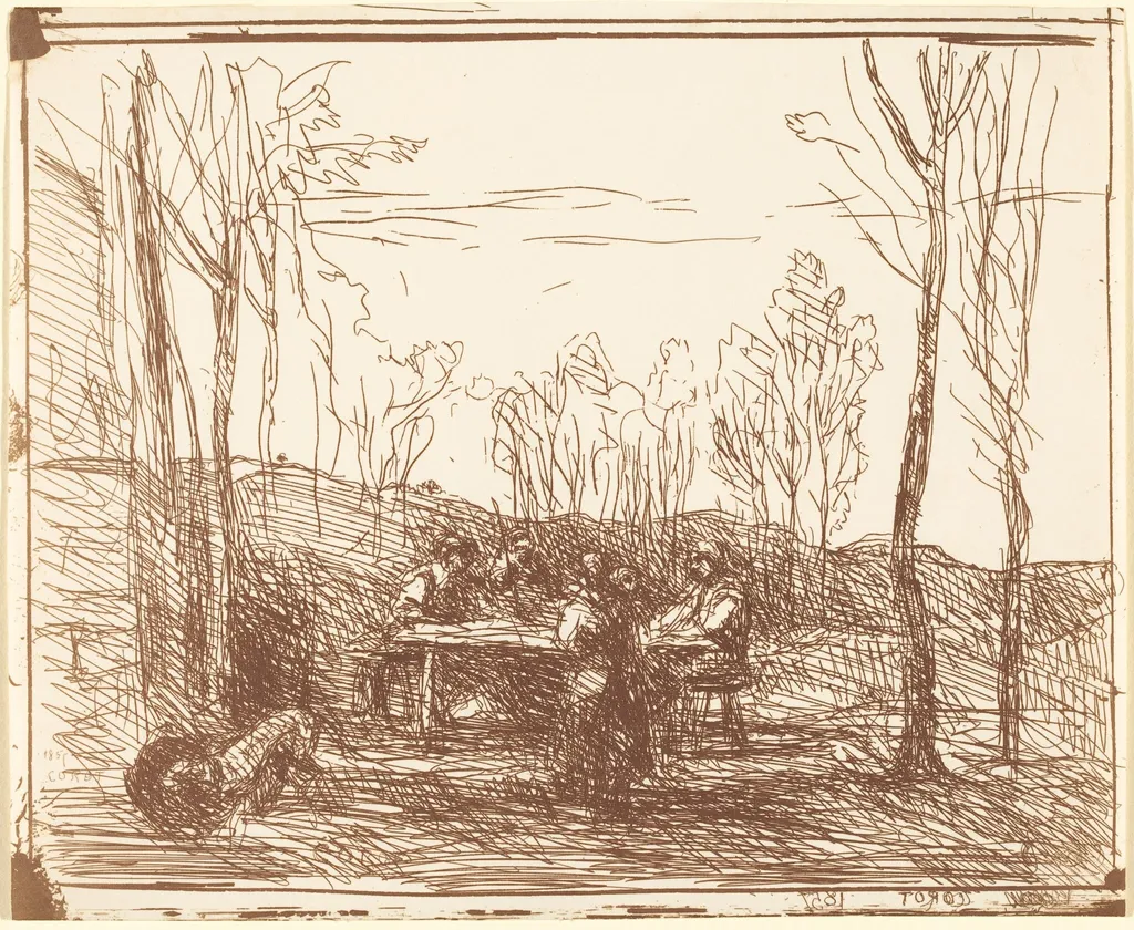 Luncheon in a Clearing (Un Dejeuner dans la clairiere), by Jean Baptiste Camille Corot, 1857